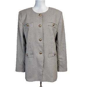 Ann Taylor Blazer Jacket sz 14 Black Gold Plaid Hounds Tooth Career Suit Stretch